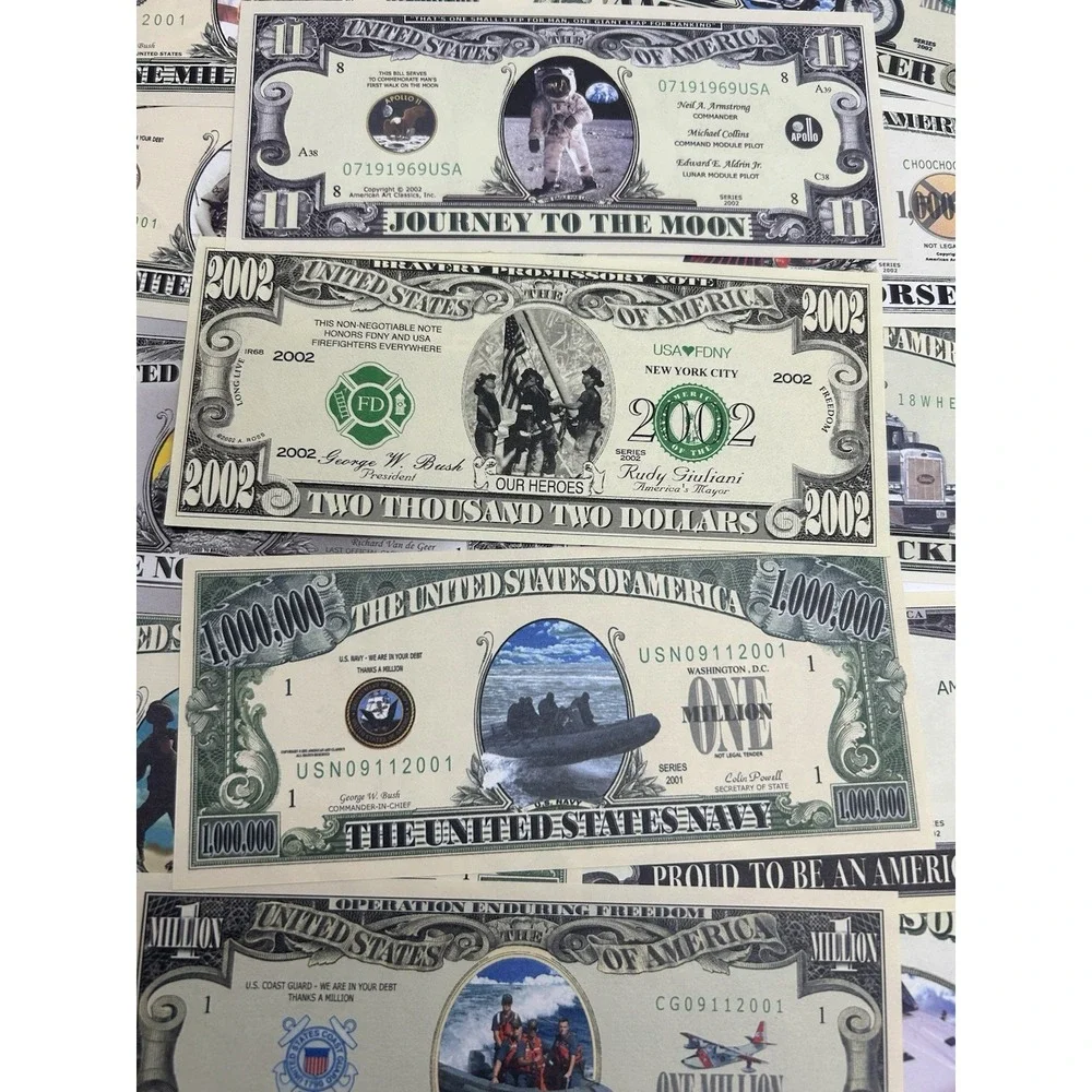 Set of 48 USA Dollar Bill Funny Money Notes Navy Hobbies Pets Presidents & more